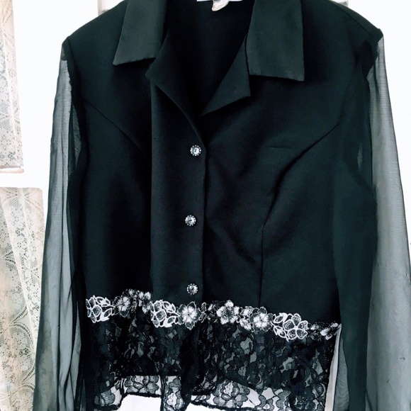 Vintage 80's 90's Sheer Black Top Jacket Lace Silv - Picture 7 of 8